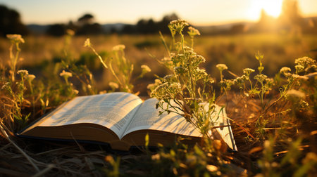 Open book Bible in the grass in nature. Generative AIの素材