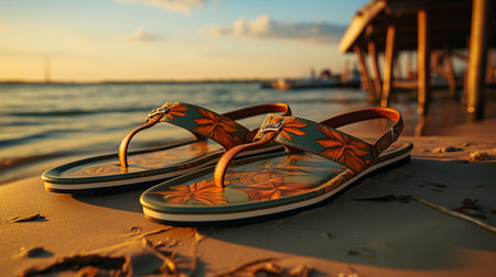 Flip flops on the beach. Generative AIの素材