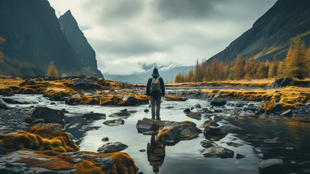 Anonymous person contemplating a waterfall. Generative AIの素材