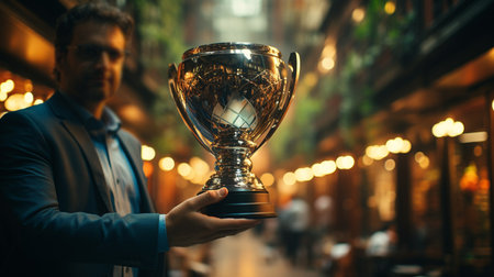 Businessman holding a trophy. Generative AIの素材