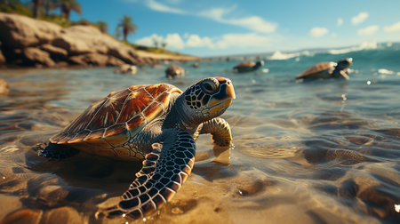 Turtles on the sandy beach. Generative AIの素材