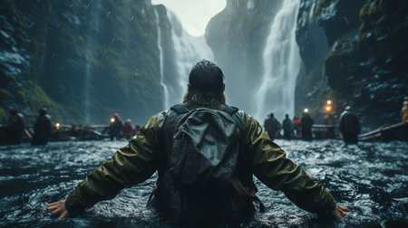 Anonymous person contemplating a waterfall. Generative AIの素材