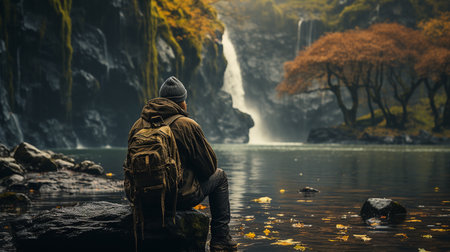 Anonymous person contemplating a waterfall. Generative AIの素材