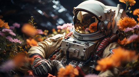 Astronaut laying in the colorful flower. Generative AIの素材