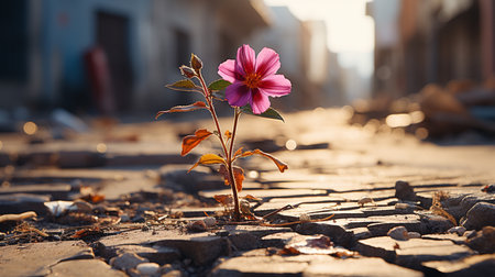 Close up on Pink flower growing on crack street. Generative AIの素材