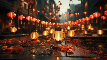 Lanterns in the city. Generative AIの素材