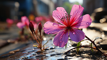 Close up on Pink flower growing on crack street. Generative AIの素材