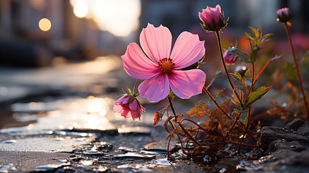 Close up on Pink flower growing on crack street. Generative AIの素材