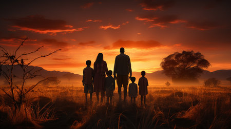 Family standing in sunset field. Generative AIの素材