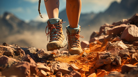 Hiker boots on a rock in mountains. Generative AIの素材