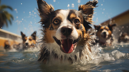 Dogs in a pool. Generative AIの素材