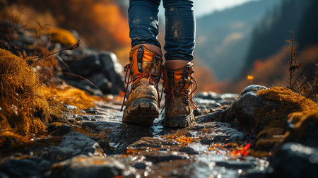Hiker boots on a rock in mountains. Generative AIの素材