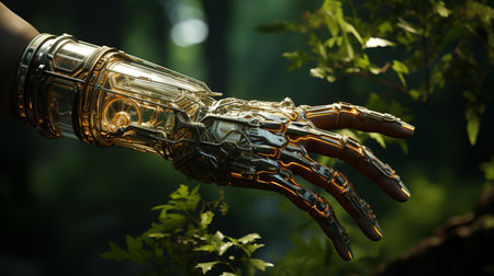 Futuristic bionic arm prosthesis with robotic technology on nature background. Generative AIの素材