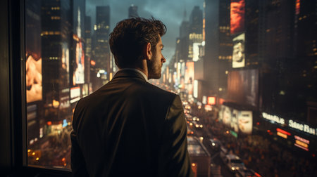Businessman standing in night city. Generative AIの素材