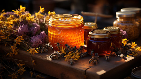 Honey jar in the food market. Generative AIの素材