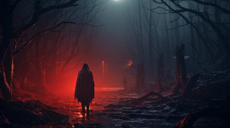 Ghost in red clothes in the forest. Generative AIの素材