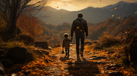 A young father and little child walking along a beautiful autumn forest. Generative AIの素材