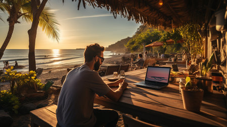 Man working on laptop on the beach. Generative AIの素材