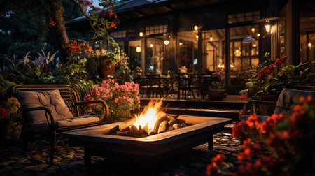 A cozy outdoor fire pit surrounded by a lush garden. Generative AIの素材