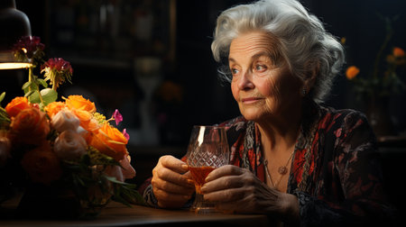Elderly woman drinks alcohol. Generative AIの素材