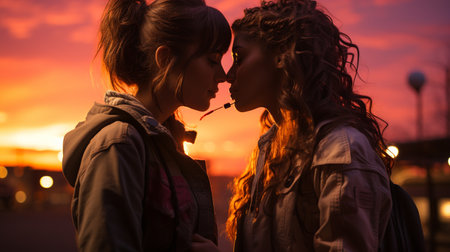 Two women kissing. Generative AIの素材