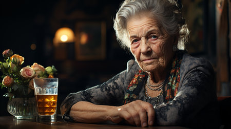 Elderly woman drinks alcohol. Generative AIの素材