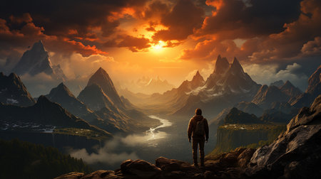 Man standing looking out mountains. Generative AIの素材