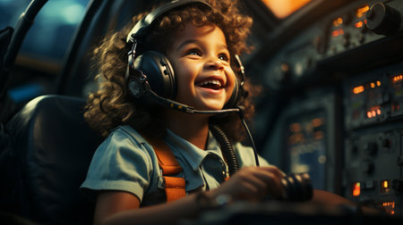 Happy and joyful looking kid in an airliner. Generative AIの素材