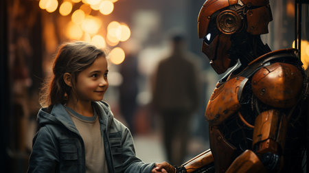 Girl shaking hands with a robot. Generative AIの素材