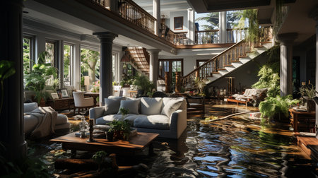 Flooded house with rooms full of water. Generative AIの素材