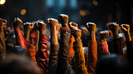 People's hands raised with clenched fists. human rights, equality. Generative AIの素材