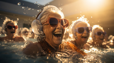 Elderly women in the swimming pool. Generative AIの素材