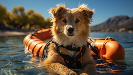 Cute dog with life vest on the beach. Generative AIの素材