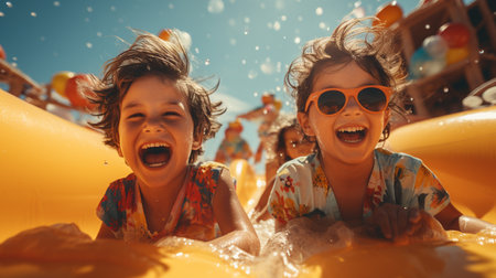 Kids in a water slide at aqua park for summer vacation. Generative AIの素材