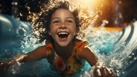 Kids in a water slide at aqua park for summer vacation. Generative AIの素材