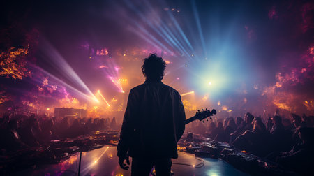 Rock star is on stage at a concert in front of his fans. Generative AIの素材