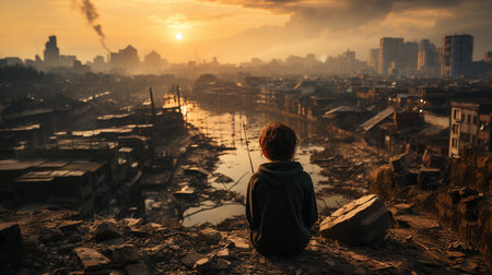 Rear view child looking at buildings and cityscape destroyed in the earthquake. Generative AIの素材