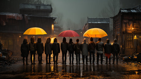 Group of people with an umbrella. Generative AIの素材