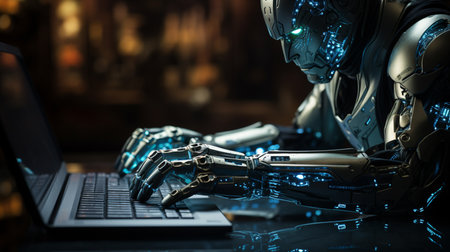 Robotic arm typing in computer keyboard. Generative AIの素材
