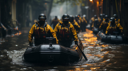 Rescuers search for people trapped in floods using rubber boat. Generative AIの素材