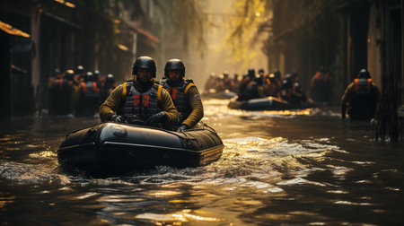 Rescuers search for people trapped in floods using rubber boat. Generative AIの素材