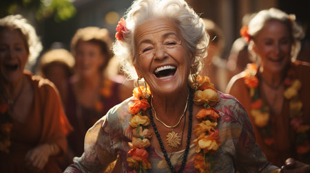 Joyful group of seniors showing vitality while dancing.の素材