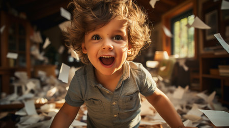 A playful hyperactive cute white toddler misbehaving and making a huge mess in a living-room. Generative AIの素材