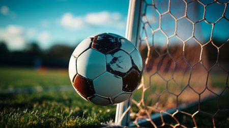 Soccer ball kicked into the goal net on the football field background.の素材