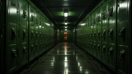 A row of green lockers in a hallway.の素材