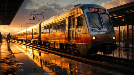 Train traveling through a train station next to a platform.の素材