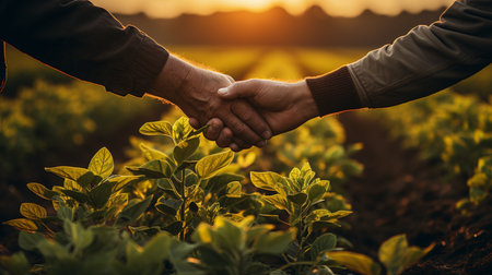 Farmers shaking hands on the background of a soybean field.の素材