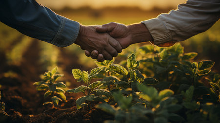 Farmers shaking hands on the background of a soybean field.の素材