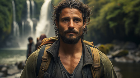 Tourist taking selfie picture in front of waterfall.の素材