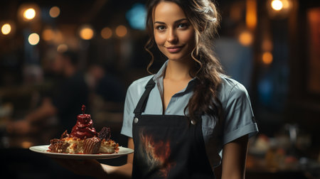 Female waitress presents a cake.の素材